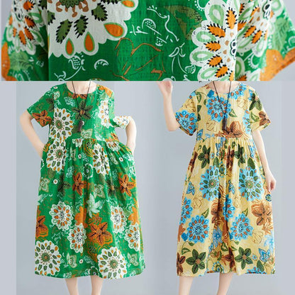 O Neck Patchwork Cotton Green Print Dresses Summer