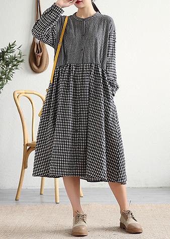 O Neck Patchwork Cotton Linen Long Shirts Work Outfits Black Plaid Dress