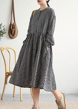 O Neck Patchwork Cotton Linen Long Shirts Work Outfits Black Plaid Dress