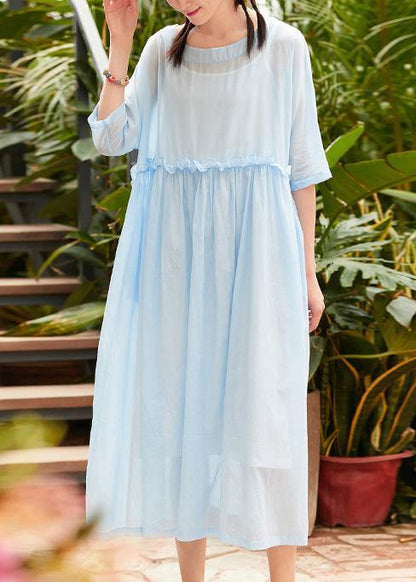 O Neck Patchwork Linen Cotton Clothes Catwalk Light Blue Dress Summer
