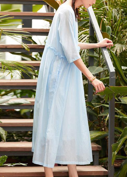 O Neck Patchwork Linen Cotton Clothes Catwalk Light Blue Dress Summer