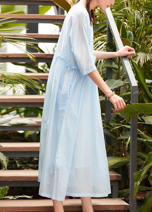 O Neck Patchwork Linen Cotton Clothes Catwalk Light Blue Dress Summer