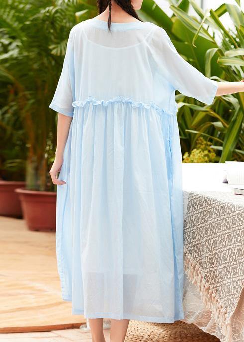 O Neck Patchwork Linen Cotton Clothes Catwalk Light Blue Dress Summer