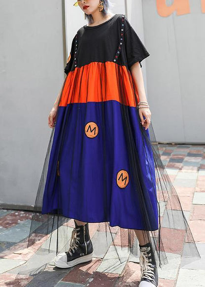 O Neck Patchwork Tulle Cotton Clothes for Blue Dresses Summer
