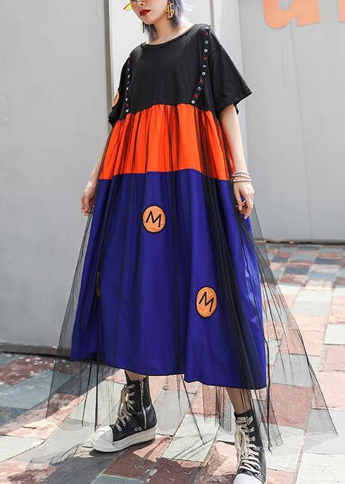 O Neck Patchwork Tulle Cotton Clothes for Blue Dresses Summer