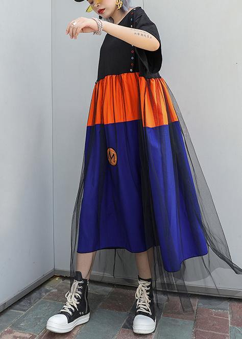 O Neck Patchwork Tulle Cotton Clothes for Blue Dresses Summer