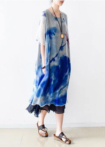O Neck Pockets Chiffon Long Shirts Indian Sleeve Blue Print Dress Summer