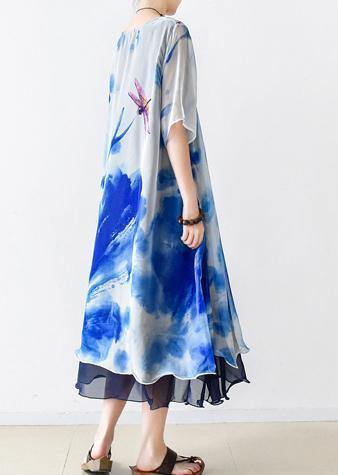 O Neck Pockets Chiffon Long Shirts Indian Sleeve Blue Print Dress Summer