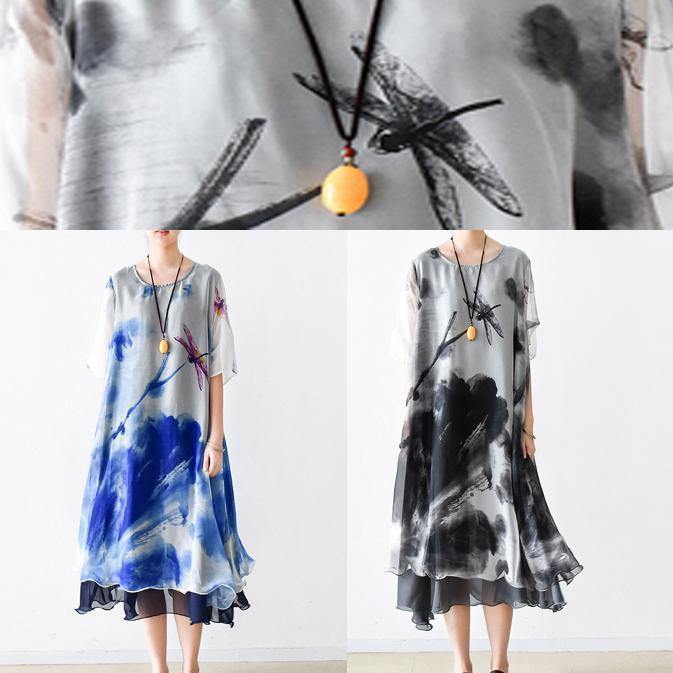 O Neck Pockets Chiffon Long Shirts Indian Sleeve Blue Print Dress Summer