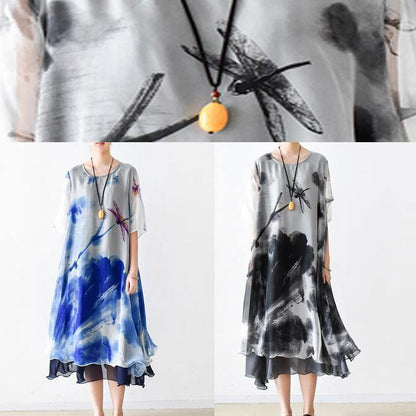 O Neck Pockets Chiffon Long Shirts Indian Sleeve Blue Print Dress Summer