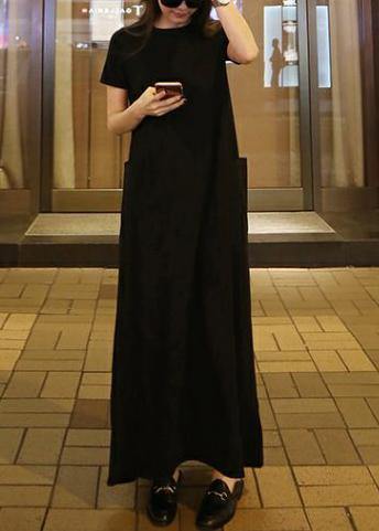 O Neck Pockets Cotton Summer Tunic Neckline Black Maxi Dress