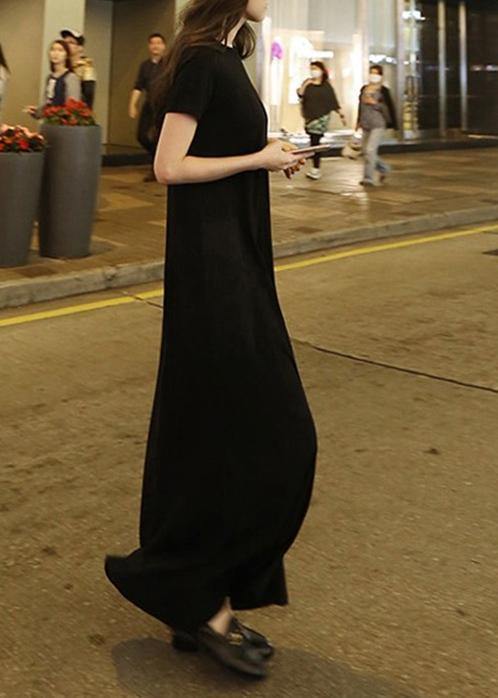 O Neck Pockets Cotton Summer Tunic Neckline Black Maxi Dress