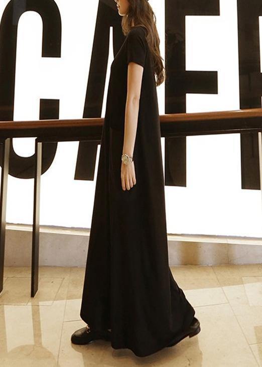 O Neck Pockets Cotton Summer Tunic Neckline Black Maxi Dress