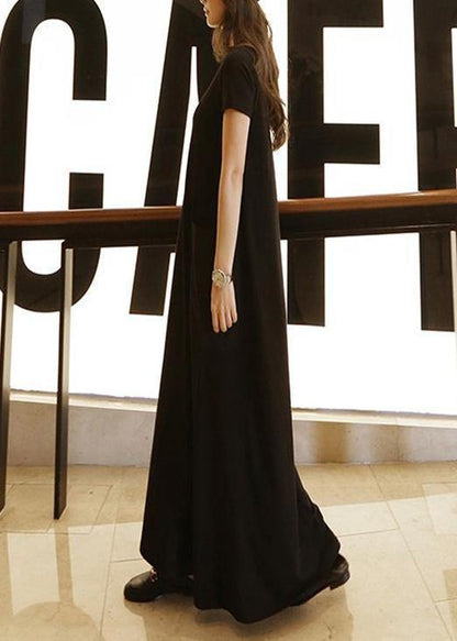 O Neck Pockets Cotton Summer Tunic Neckline Black Maxi Dress