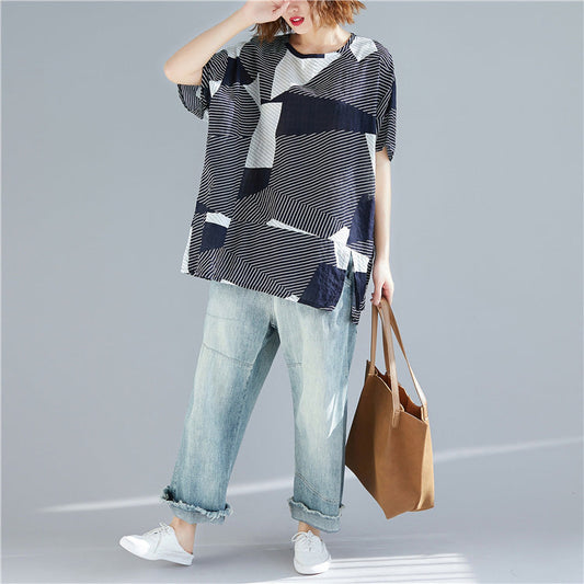 O Neck Side Open Cotton Linen Tops Work Striped Midi Top