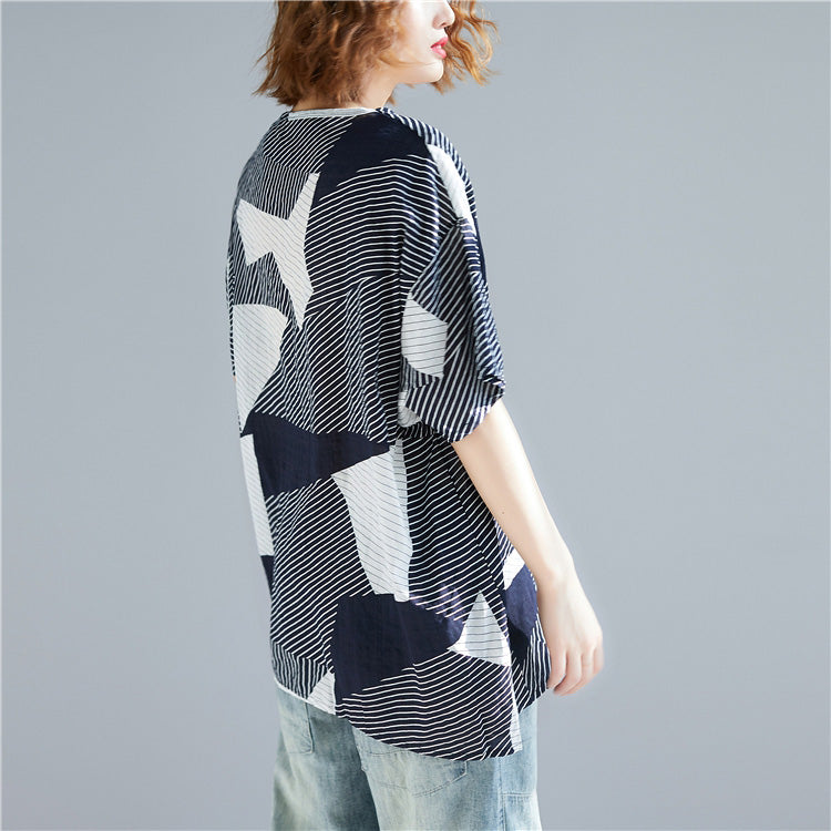 O Neck Side Open Cotton Linen Tops Work Striped Midi Top