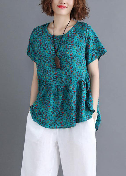 Sold Out- O Neck Cinched Cotton Shirts Wardrobes Green Print Blouse Summer