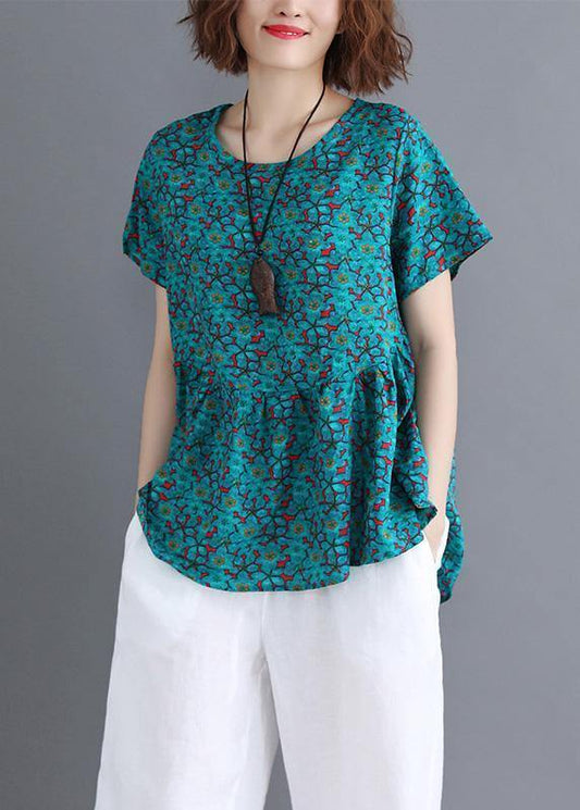 Sold Out- O Neck Cinched Cotton Shirts Wardrobes Green Print Blouse Summer