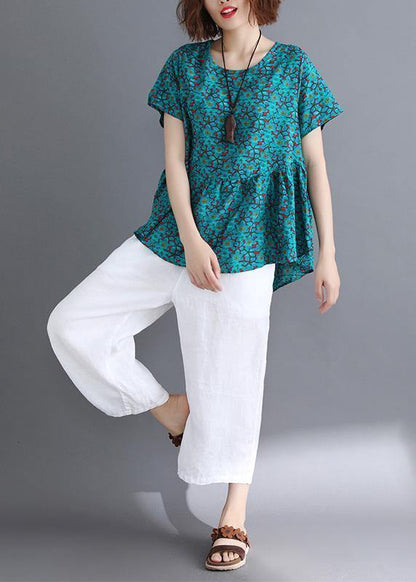 Sold Out- O Neck Cinched Cotton Shirts Wardrobes Green Print Blouse Summer