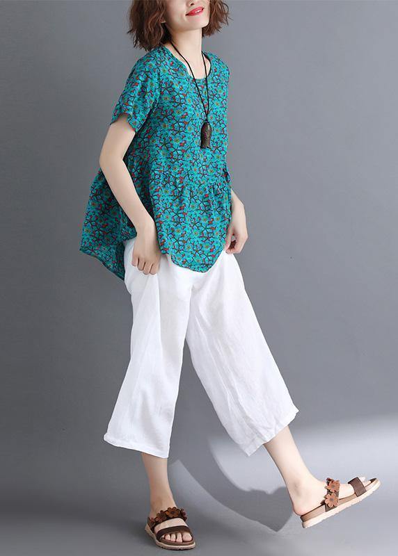 Sold Out- O Neck Cinched Cotton Shirts Wardrobes Green Print Blouse Summer