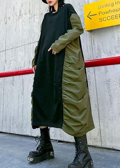 O Neck Cinched Cotton Spring Tunics Pattern Green Long Dress