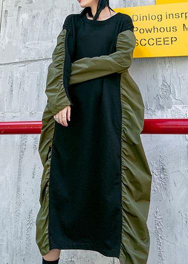 O Neck Cinched Cotton Spring Tunics Pattern Green Long Dress