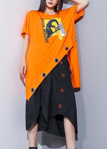 Sold-out Orange Cotton Clothes O Neck Asymmetric Oversized Summer Top