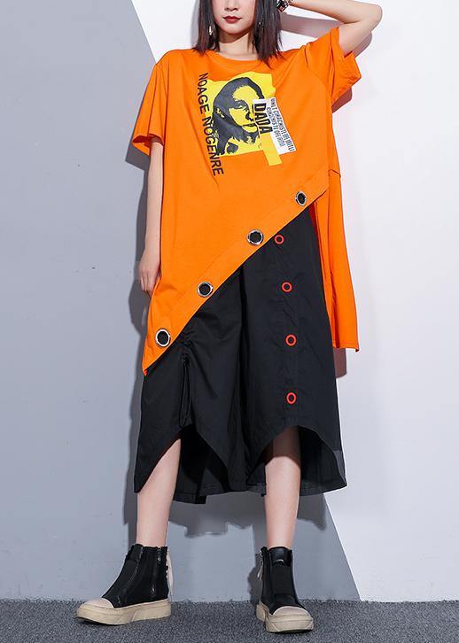 Sold-out Orange Cotton Clothes O Neck Asymmetric Oversized Summer Top