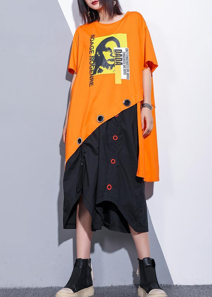 Sold-out Orange Cotton Clothes O Neck Asymmetric Oversized Summer Top