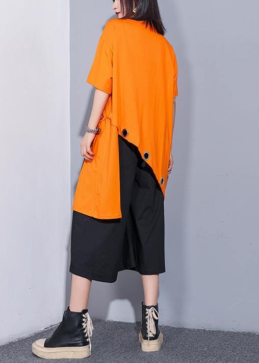 Sold-out Orange Cotton Clothes O Neck Asymmetric Oversized Summer Top