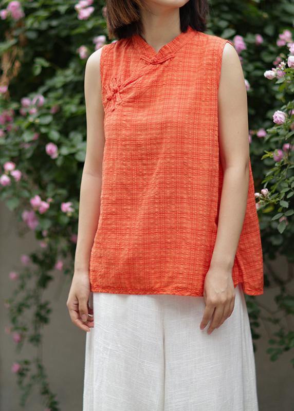 Ornage Plaid Cotton Clothes Stand Collar Summer Tops
