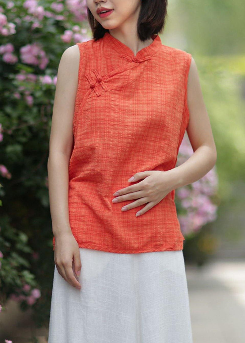 Ornage Plaid Cotton Clothes Stand Collar Summer Tops