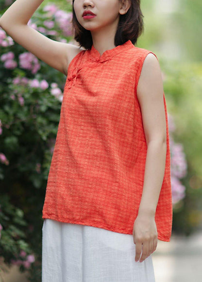 Ornage Plaid Cotton Clothes Stand Collar Summer Tops