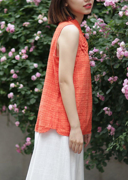 Ornage Plaid Cotton Clothes Stand Collar Summer Tops