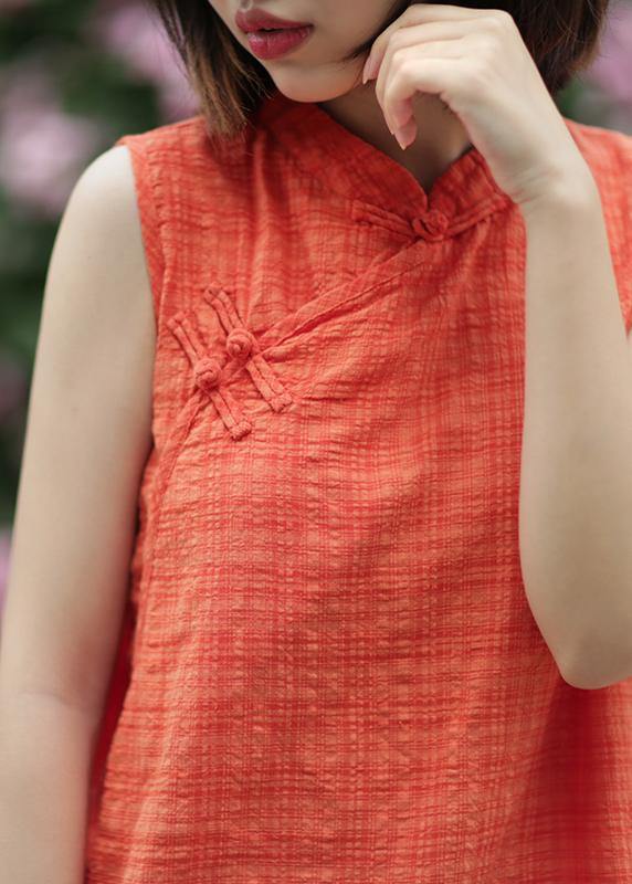 Ornage Plaid Cotton Clothes Stand Collar Summer Tops