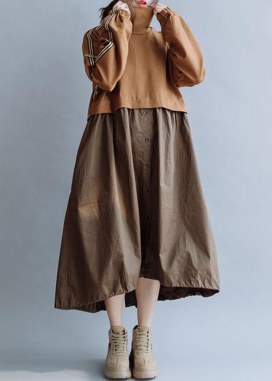 Patchwork High Neck Cotton Clothes Work Outfits Brown Traveling Dresses Fall