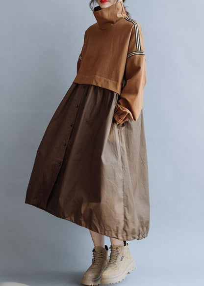 Patchwork High Neck Cotton Clothes Work Outfits Brown Traveling Dresses Fall