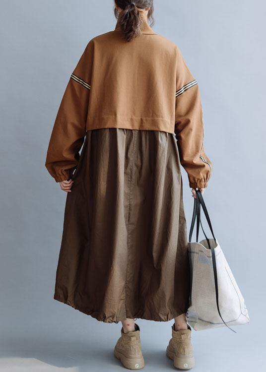 Patchwork High Neck Cotton Clothes Work Outfits Brown Traveling Dresses Fall