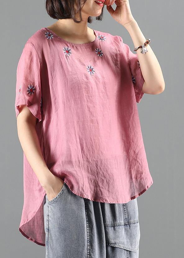 Pink Embroidery Tops Work Outfits O Neck Shirts