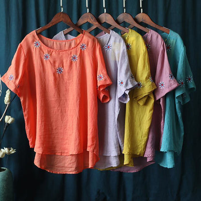 Pink Embroidery Tops Work Outfits O Neck Shirts