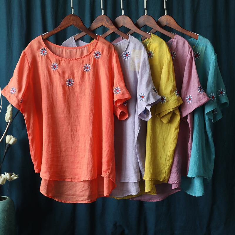 Pink Embroidery Tops Work Outfits O Neck Shirts