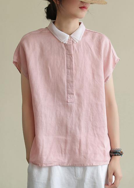Pink Linen Clothes Lapel Side Open Short Top
