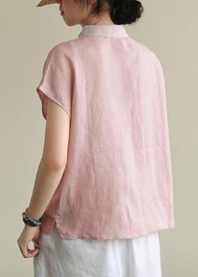 Pink Linen Clothes Lapel Side Open Short Top
