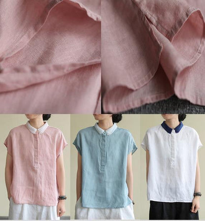 Pink Linen Clothes Lapel Side Open Short Top