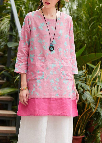 Pink Print Linen Clothes for O Neck Pockets Daily Summer Dress