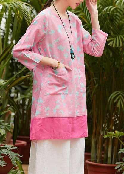 Pink Print Linen Clothes for O Neck Pockets Daily Summer Dress