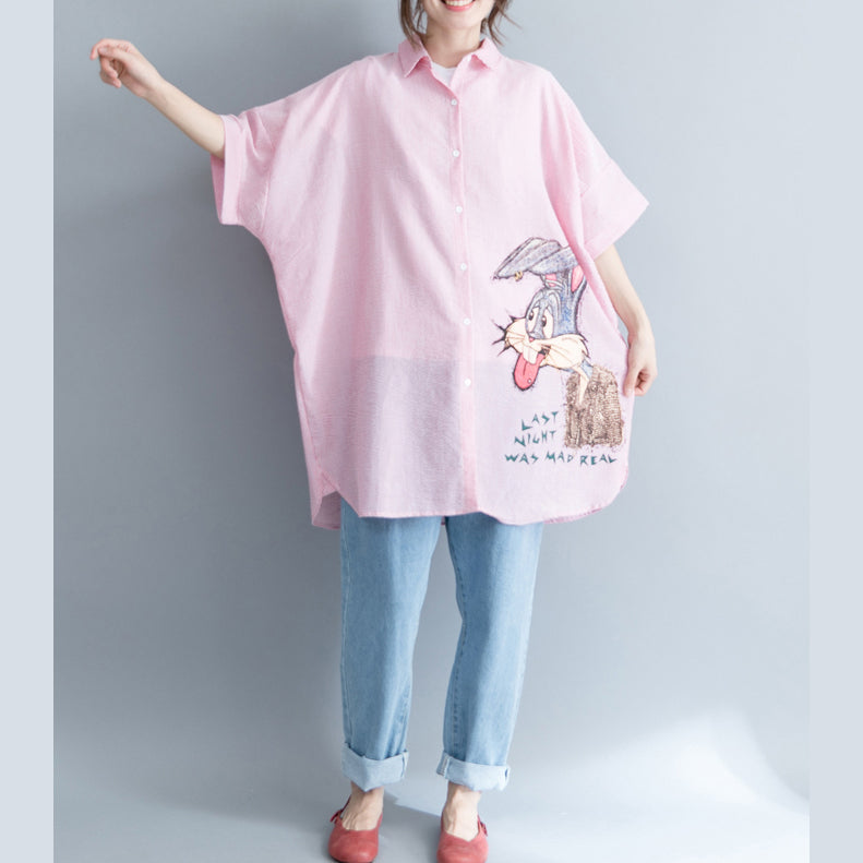 Pink Striped Cotton Clothes Sweets Outfits Lapel Embroidery Daily Dresses