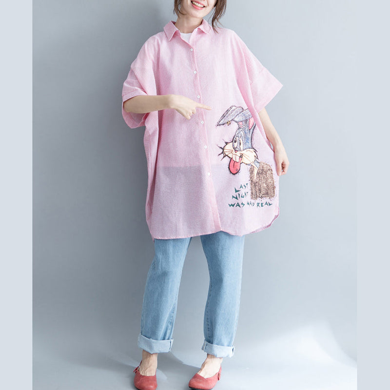 Pink Striped Cotton Clothes Sweets Outfits Lapel Embroidery Daily Dresses