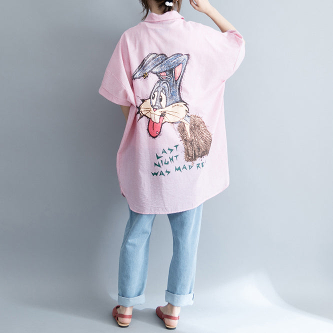 Pink Striped Cotton Clothes Sweets Outfits Lapel Embroidery Daily Dresses