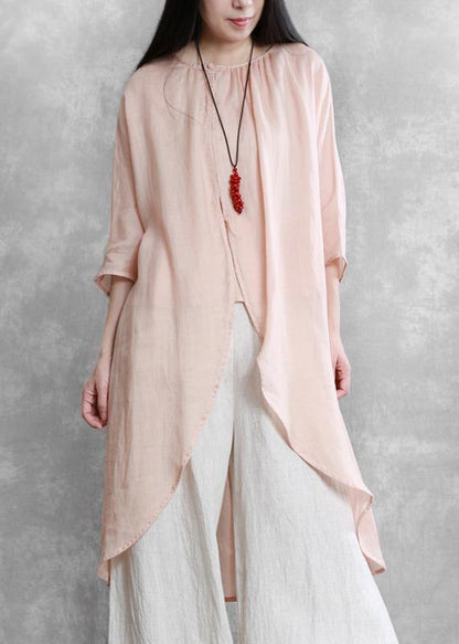 Pink Tops O Neck Asymmetric Short Blouses